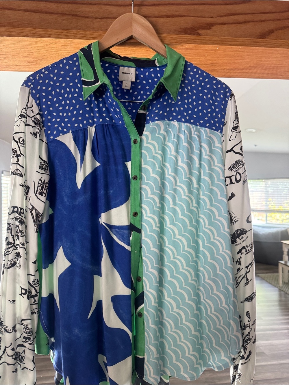 Maeve Blue & Green Mixed-Print Button-Up Shirt